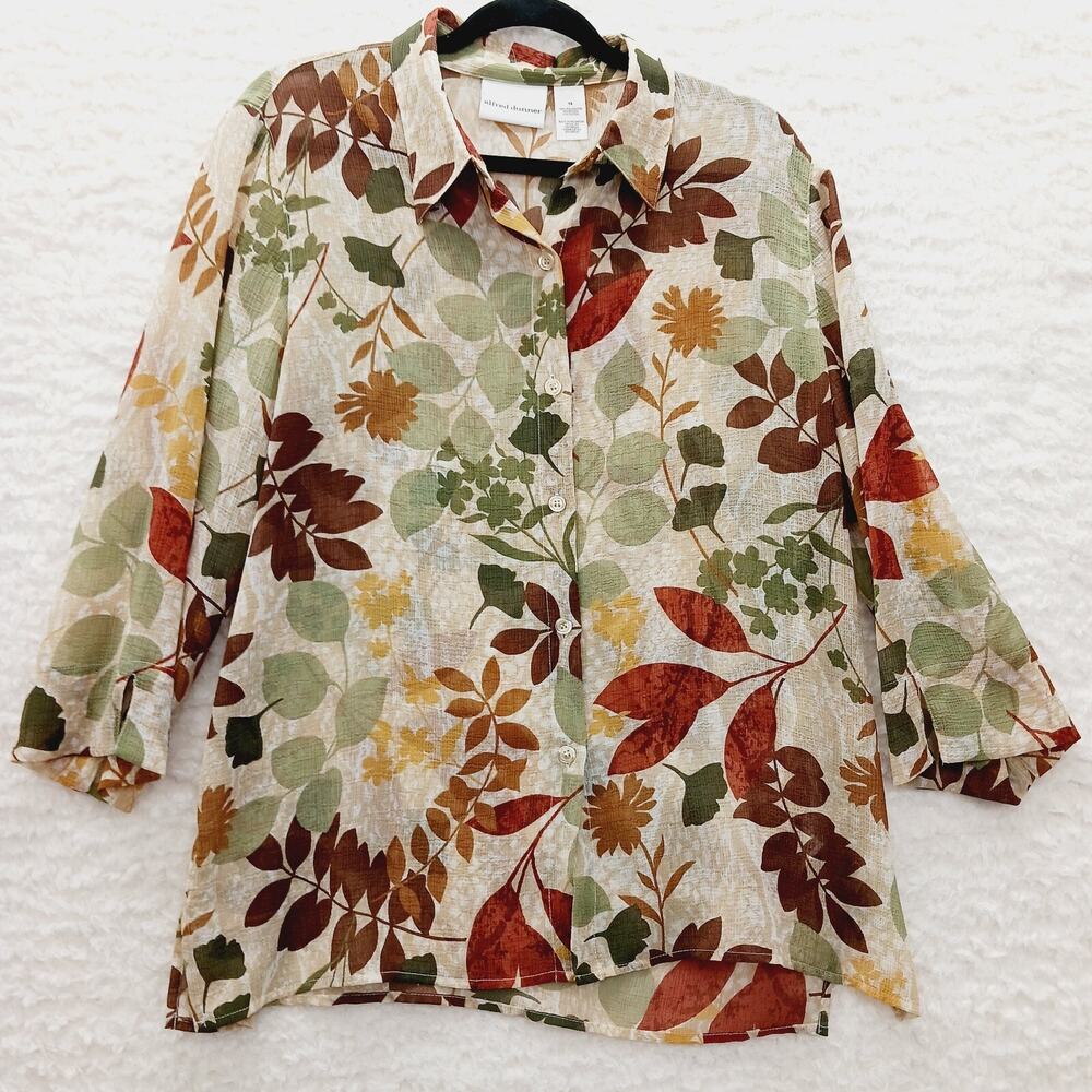 Blouse Button-Up Fall Leaf Floral Sheer Cottagecore Bloomcore Academia Size 14